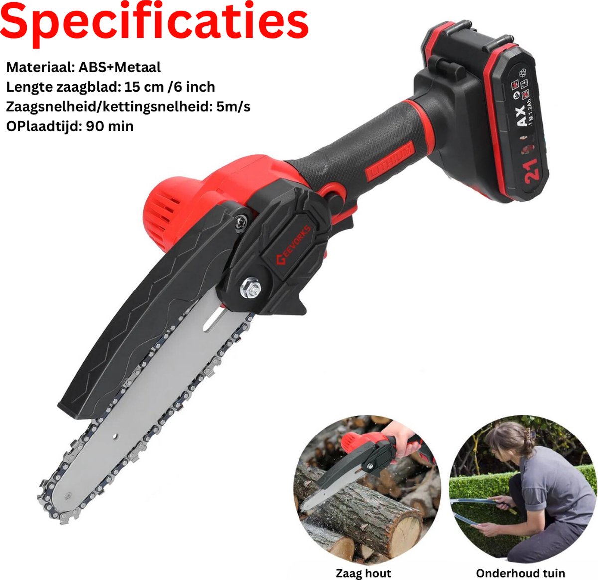 Geevorks Mini Kettingzaag - Inclusief 2 21v Accu's - Aanpasbare ...