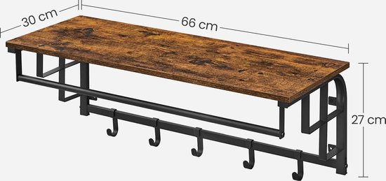 Afmetingen van een wandkapstok: 66 cm breed, 30 cm diep en 27 cm hoog.