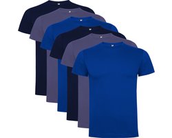 6 Pack Roly Dogo Premium Heren T-Shirt 100% katoen Ronde hals Konings Blauw, Denim Blauw, Donker Blauw Maat XL