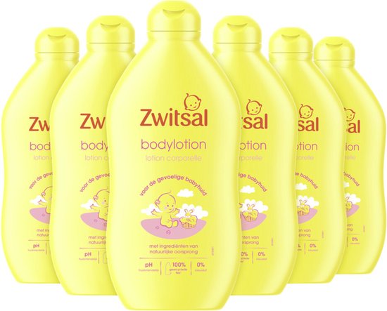 Zes gele flessen Zwitsal bodylotion met een roze illustratie van een baby met een konijn.