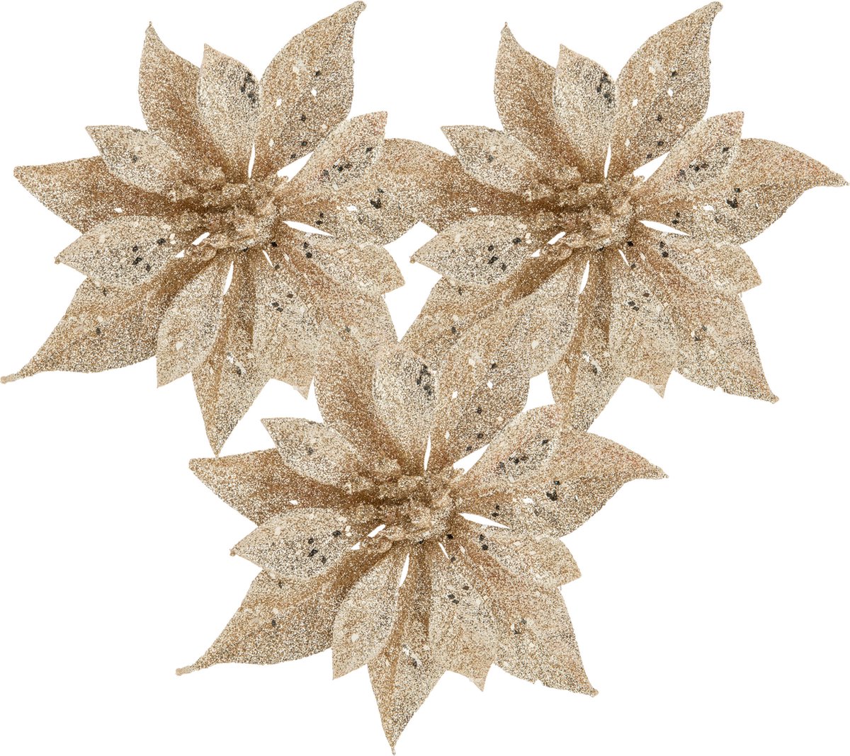 Cosy and Trendy kerstboomversiering bloemen op clip -3x -champagne -18 cm glitters