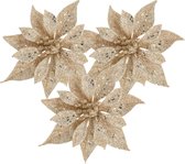 Cosy and Trendy kerstboomversiering bloemen op clip -3x -champagne -18 cm glitters