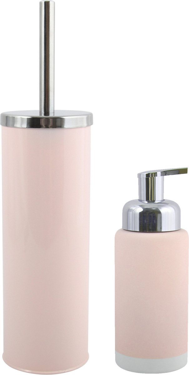 MSV Toiletborstel in houder 38 cm/zeeppompje 275 ml set Enzo - metaal/keramiek - lichtroze/zilver