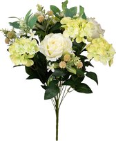 Louis Maes Kunstbloemen boeket rozen/hortensia met bladgroen - creme wit/geel - H52 cm - Bloemstuk