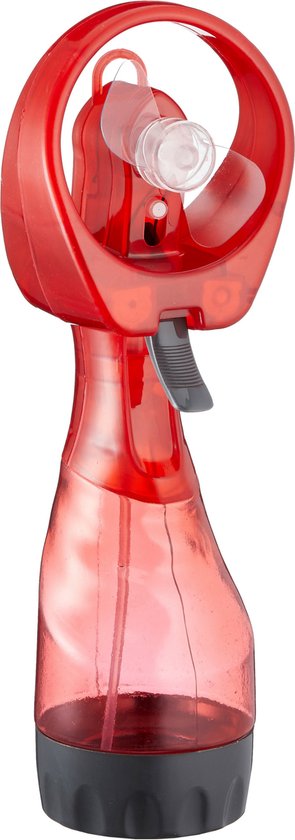 Handventilator met waterverstuiver 25 cm rood transparant kunststof, batterij 2x AAA, zomerverkoeling