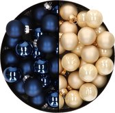 Mini kerstballen - 48x st - donkerblauw en champagne - 2,5 cm - glas - kerstversiering