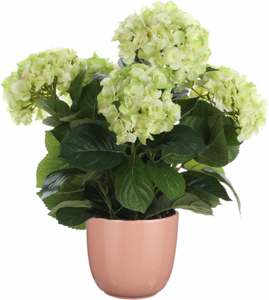 Mica Decorations Hortensia kunstplant/kunstbloemen 45 cm - groen - in pot roze glans - Kunst kamerplant Lichtroze