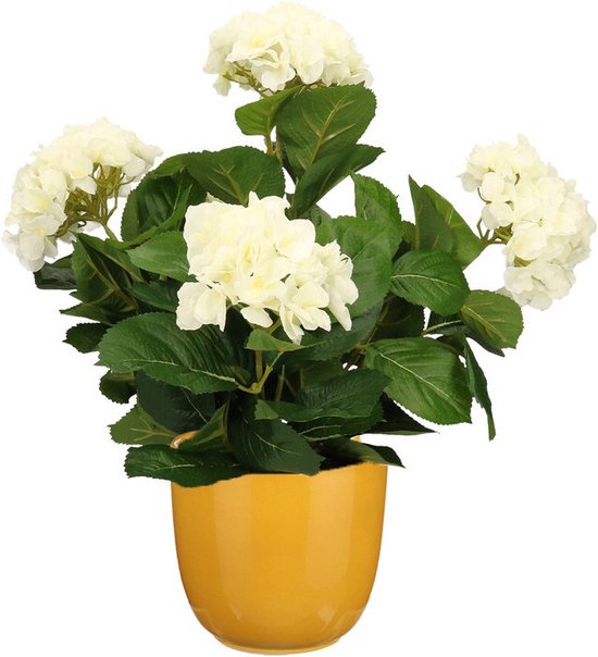 Hortensia kunstplant/kunstbloemen 45 cm - wit - in pot okergeel glans - Kunst kamerplant