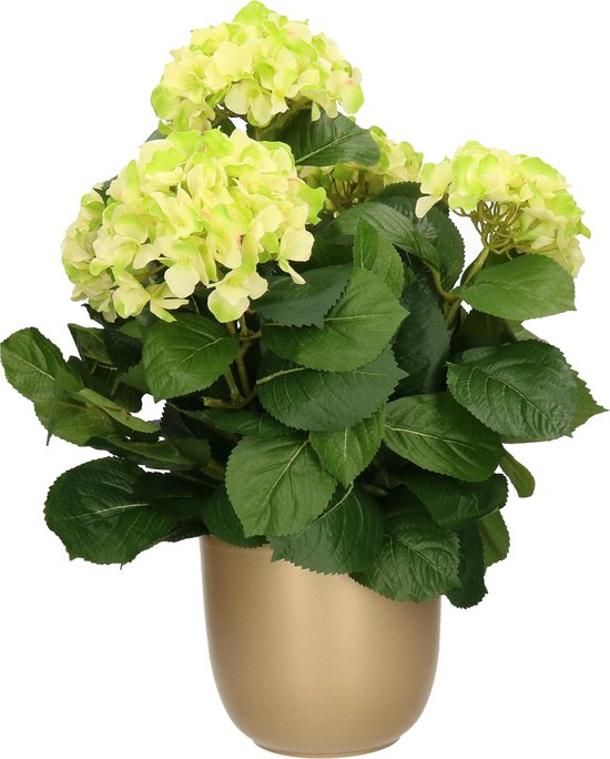 Hortensia kunstplant/kunstbloemen 45 cm - groen - in pot goud - Kunst kamerplant