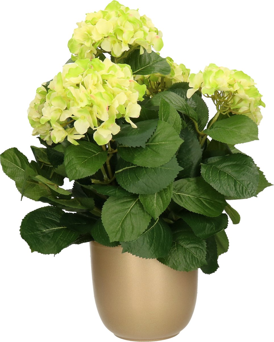 Mica Decorations Hortensia kunstplant/kunstbloemen 45 cm - groen - in pot goud - Kunst kamerplant Goudkleurig
