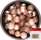 Kerstballen - 48x st - roze - 6 cm - kunststof - met kerstbalhaakjes goud