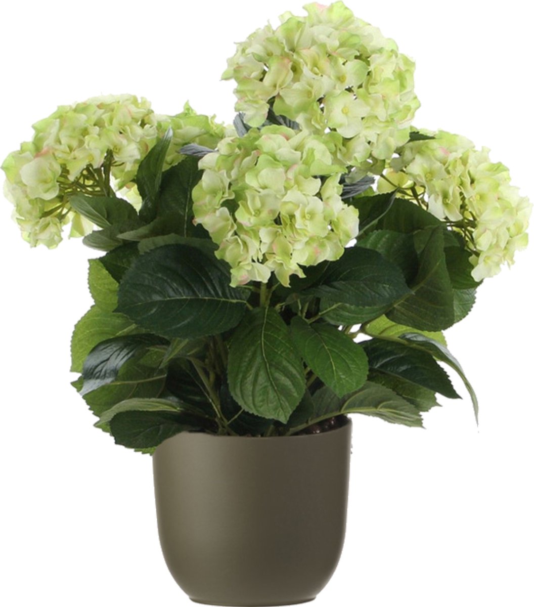 Hortensia kunstplant/kunstbloemen 45 cm - groen - in pot olijfgroen mat - Kunst kamerplant