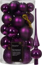 Set de Décorations de Noël - 30x boules en plastique et pic en verre - violet