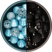 Decoris kerstballen - 74x st - zwart en ijsblauw - 6 cm - kunststof