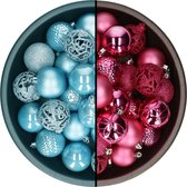 Decoris kerstballen - 74x st - fuchsia roze en ijsblauw - 6 cm - kunststof
