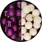 Decoris kleine kerstballen - 28x st - wol wit en paars - 3 cm - kunststof