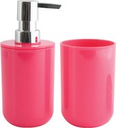 MSV Zeeppompje en drink/tandenborstel beker - badkamer set Porto - kunststof - fuchsia roze