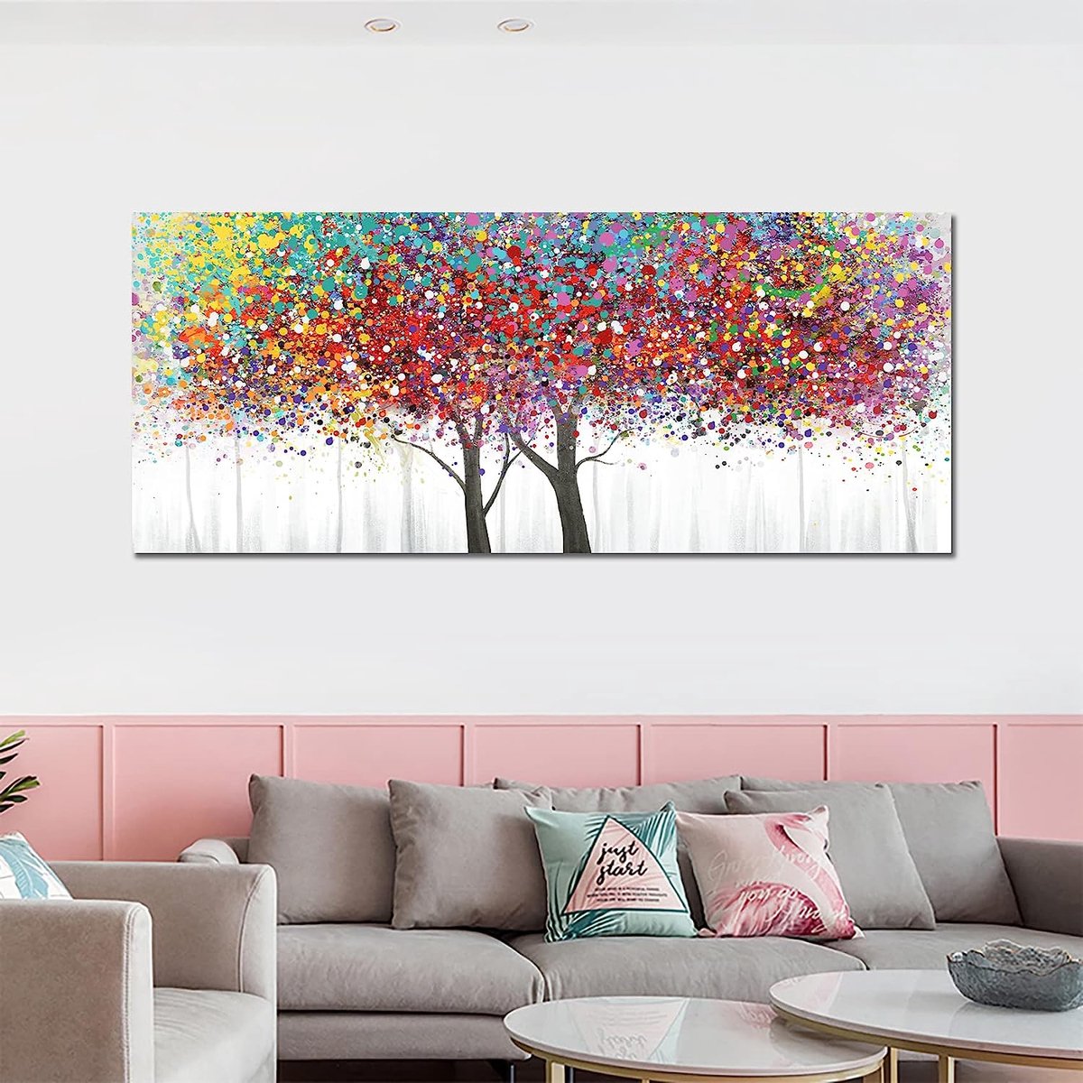 Boom met bloemen, zilverblauw, houten frame canvas, muurkunst, levensboom, abstract, afbeelding, wanddecoratie, woonkamer, slaapkamer, decoratie, klaar om op te hangen, 50 x 120 cm