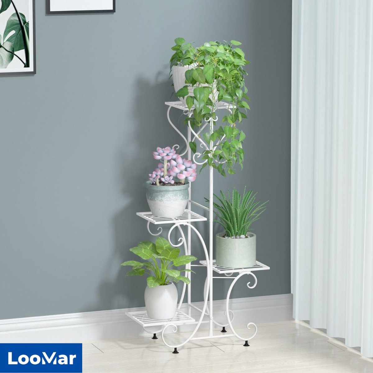 LooMar Plantentafel Plantenrek – Plantenstandaard / Plantenhouder - Plantentrap - Geschikt voor binnen en buiten - Wit - Metaal
