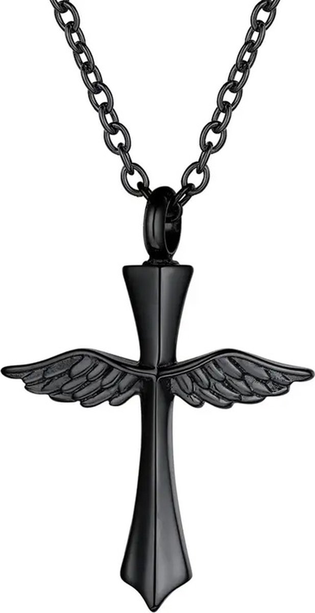 Luxe Ashanger - met Ketting - Voor As, Haren of Parfum - Assieraad - As Ketting - Gedenksieraad - Urn - Incl. As vuller en Opbergzakje - Black Wings Cross