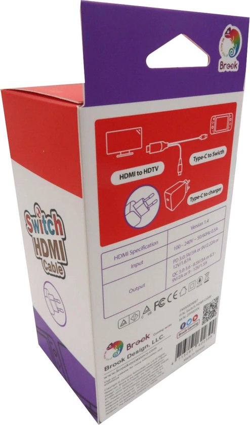 Zijkant van de Brook Switch HDMI-kabel verpakking met illustraties en specificaties.