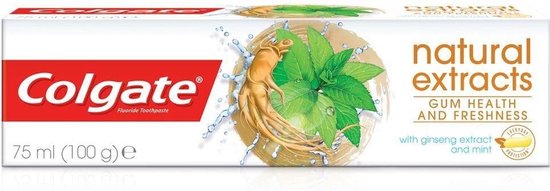 Colgate "Natural Extracts" tandpastadoos met afbeelding van ginseng en munt, met de tekst "Gum Health and Freshness".