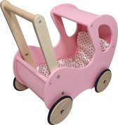 Bol.com Playwood - Houten Poppenwagen roze klassiek met kap - inclusief dekje wit met roze hartjes aanbieding