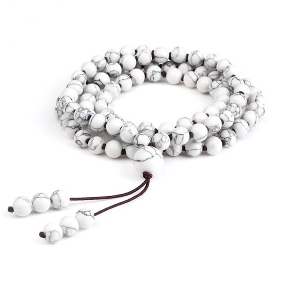 Marama - Mala armband White Marble - natuursteen - 108 kralen - ketting - elastisch