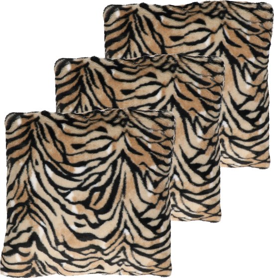 3x coussins d'intérieur/coussins décoratifs imprimé animal tigre 45 x 45 cm - Coussins en peluche imprimé tigre - Accessoires d'intérieur/coussins décoratifs thème animal