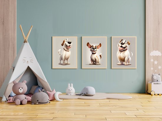 Posterset met 3 cartoon hondjes - Leuke kinderposter - kinderkamer - poster met