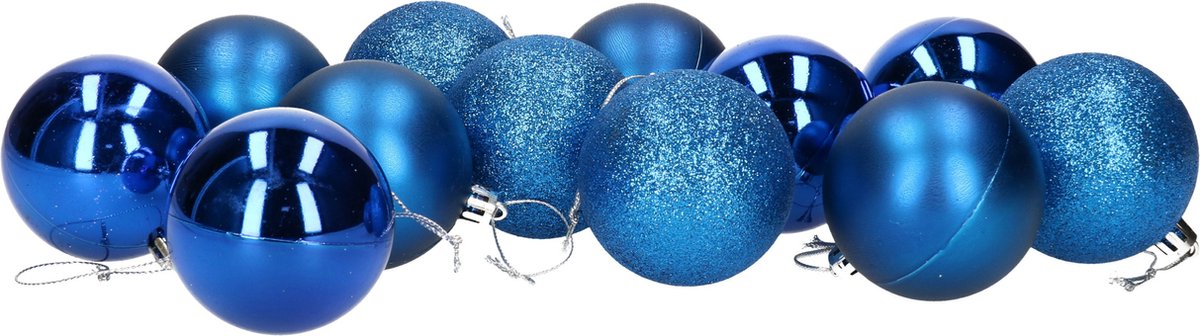 Gerim Kerstballen - 12 stuks - blauw - kunststof - mat/glans/glitter - D6 cm