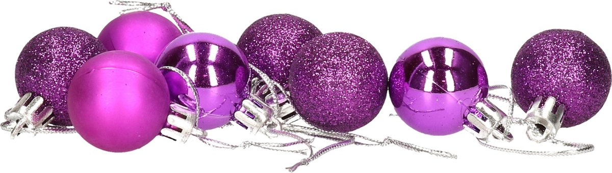Paarse kunststof kerstballen in mat, glanzend en glitterdesign - set van 8 - D3 cm