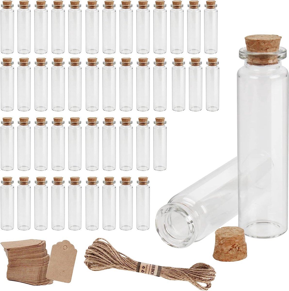 Pack de 45 tubes à essai avec bouchon, mini pots de 20 ml avec ficelle de  10 m et 45