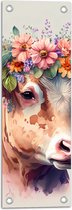 Tuinposter – Tekening van Koe met Kleurrijke Bloemenkrans - 20x60 cm Foto op Tuinposter (wanddecoratie voor buiten en binnen)