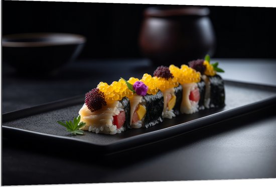 Dibond - Sushi Rol op Zwart Stenen Plateau - 120x80 cm Foto op Aluminium (Met Ophangsysteem)