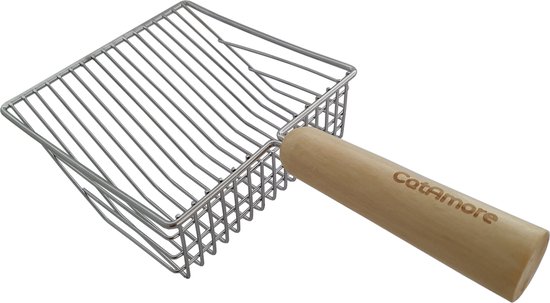 Roestvrijstalen kattenbakschep met houten handgreep. CatAmore logo op de greep.