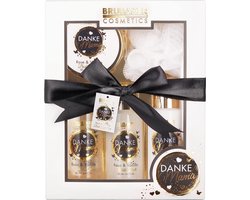 BRUBAKER Cosmetics - Danke Mama (Dank U Mama) - 5-delige Rose Vanille Geurende Douche en Bad Set - Cadeautip Vrouw - Cadeau Idee - Mama Cadeauset met Exfoliërende Spons - Huidverzorgingsset Wit Goud met Strik Zwart - Cadeau
