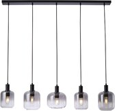 Moderne glazen hanglamp Dentro | eettafellamp | smoke / zwart / transparant | vijf lichtpunten | glas / metaal | L 120 cm | H 140 cm | woonkamer lamp / eetkamer lamp | modern design