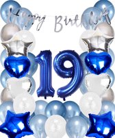 Snoes Ballonnen 19 Jaar Set Mega Blauw Zilver Ballon - Compleet Feestpakket Cijferballon 19 Jaar - Verjaardag Versiering Slinger Happy Birthday – Folieballon – Latex Ballonnen - Helium Ballonnen