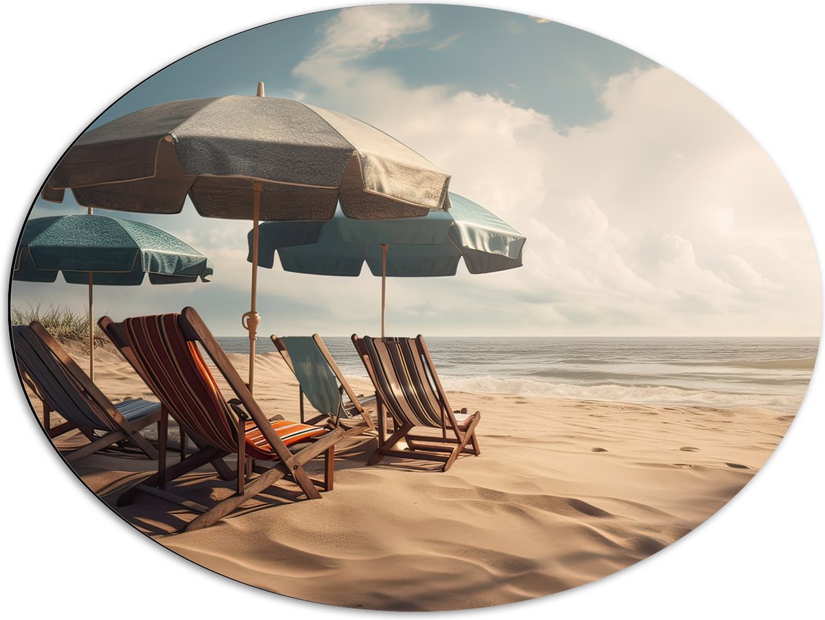 Dibond Ovaal - Strandstoelen en Parasols op het Strand op Bewolkte Dag - 80x60 cm Foto op