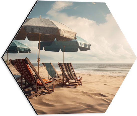 Dibond Hexagon - Strandstoelen en Parasols op het Strand op Bewolkte Dag - 40x34.8 cm Foto op Hexagon (Met Ophangsysteem)