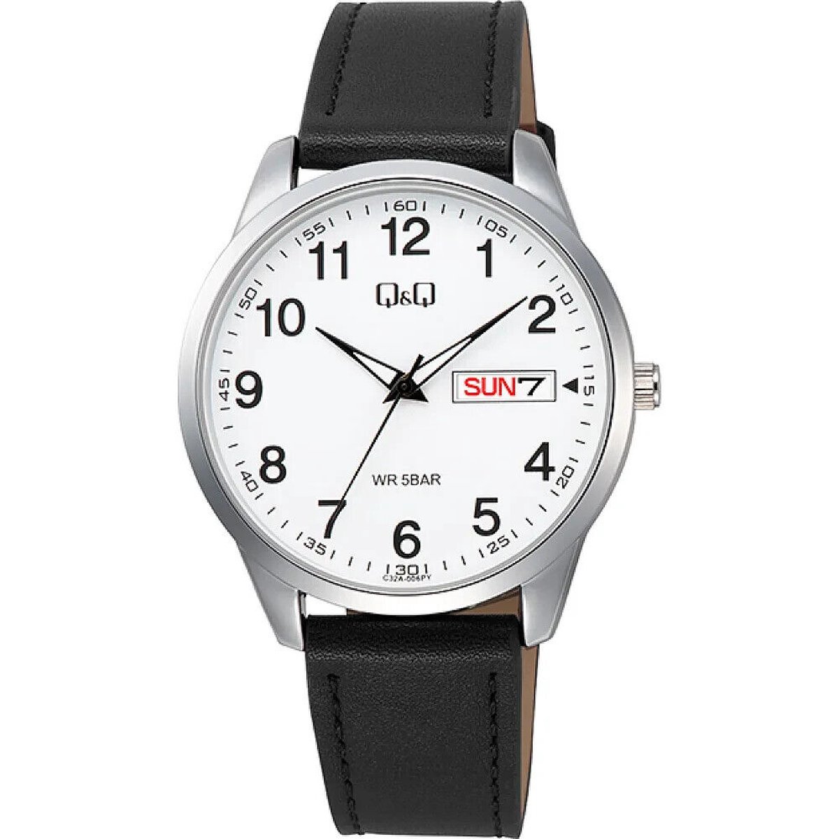 QQ C32A-006PY-Horloge-Duidelijke wijzerplaat-Dag-Datum aanduiding-Lederen band-42MM