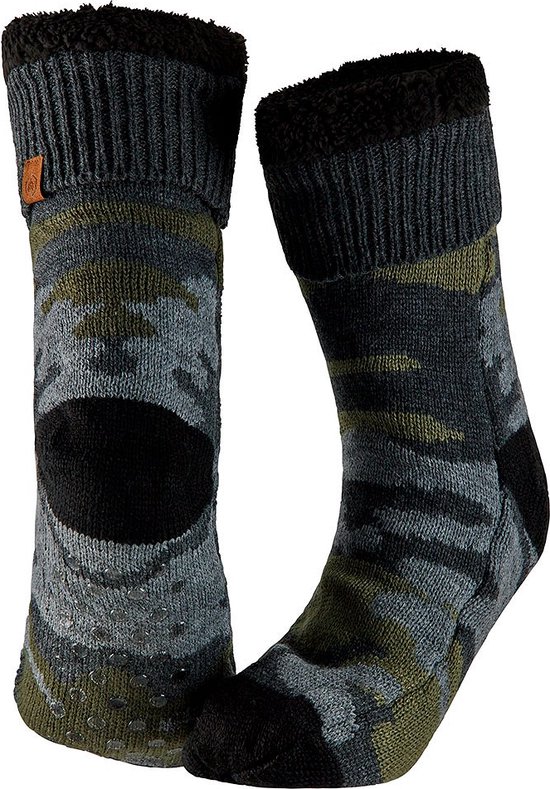 Apollo - Huissokken heren met anti slip - Zwart/Groen - One size - Fluffy sokken - Slofsokken - Huissokken anti slip - Huisokken - Warme sokken heren