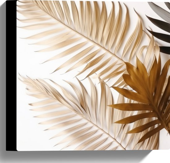 Canvas - Tropische Bladeren in Goudtinten tegen Witte Achtergrond - 30x30 cm Foto op Canvas Schilderij (Wanddecoratie op Canvas)
