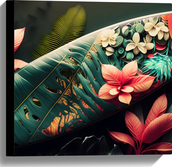 Canvas - Surfboard met Patroon van Planten en Bloemen - 40x40 cm Foto op Canvas Schilderij (Wanddecoratie op Canvas)