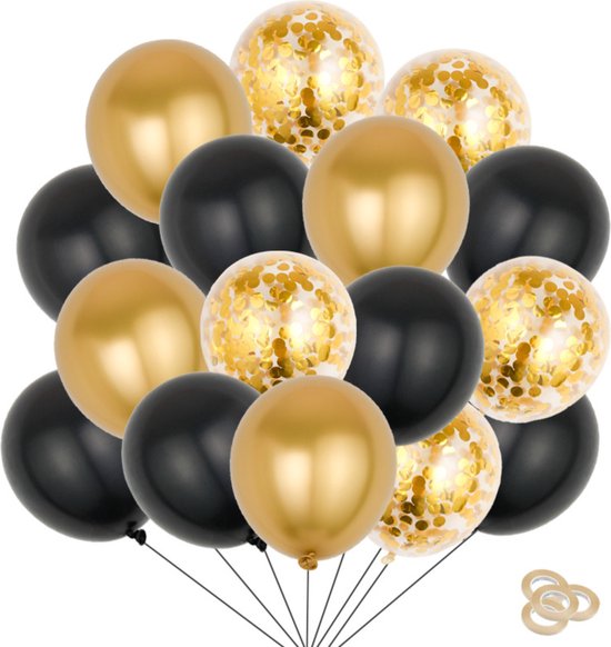 Fienosa Glitter and Glamour Ballonnen 50 Stuks - Ballonnen Goud - Ballonnen Zwart - Verjaardag Versiering - Verjaardag Ballonnen - Ballon - met ophang lint - Papieren Confetti in de Ballonnen - Feestversiering
