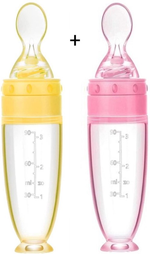 Babyflesje - Biberoia® 2x Knijpfles met lepel – Drinkfles - Baby / Kinderbestek - Kraamcadeau – Babyshower – Roze + Geel