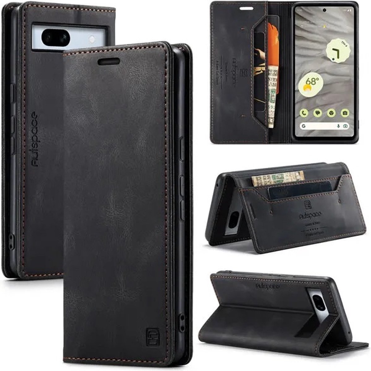 Luxe Flip Case met RFID Bescherming Kaarthouder en Magneetsluiting + Glas Screenprotector voor Google Pixel 7A _ Zwart