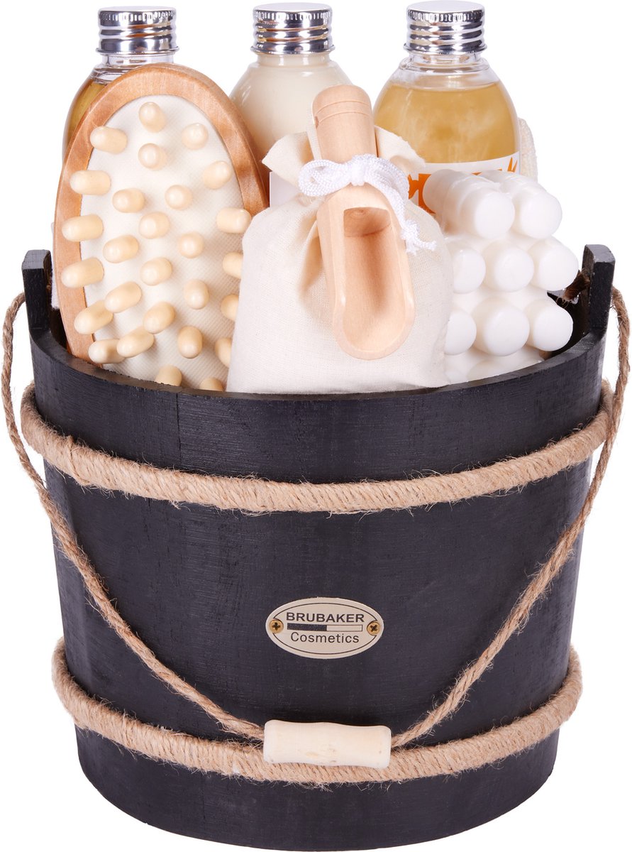 Goedkoopste BRUBAKER Cosmetics Wellness Badset, mango perzik, 9-delige cadeauset met verzorgings- en massageaccessoires in decoratief badvat
