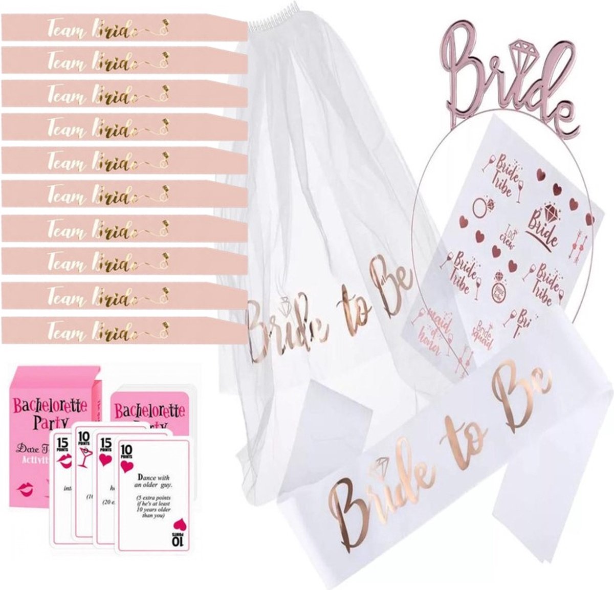 FeestmetJoep® vrijgezellenfeest - Bride to be 33-delig feestpakket Vrijgezellenfeest vrouw - Team bride - Bride to be sjerp - Bride to be sluier - Vrijgezellenfeest met het hele bride team - Team bride sjerp - Bride to be 11 personen